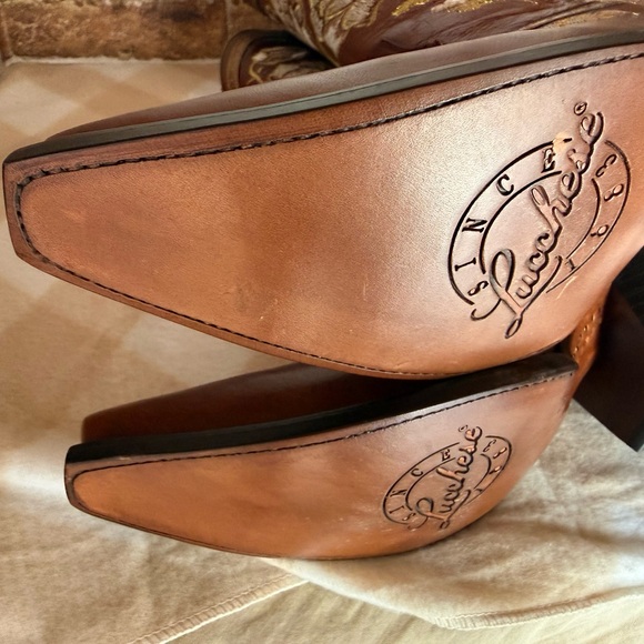 Lucchese Tan Floral Embroidered Heeled Boots NEW - Picture 5 of 9